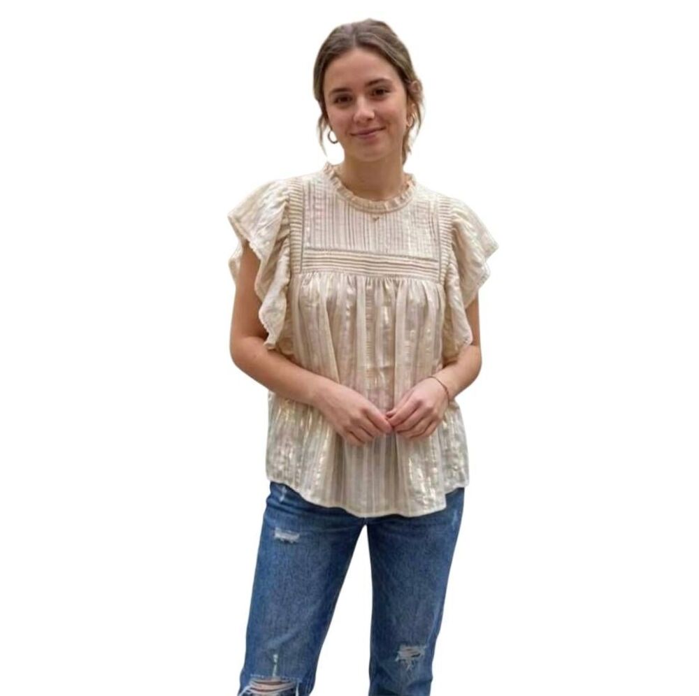 Topshop Shiny Striped Ruffle Flutter Sleeve Blouse Cream Gold Size 6